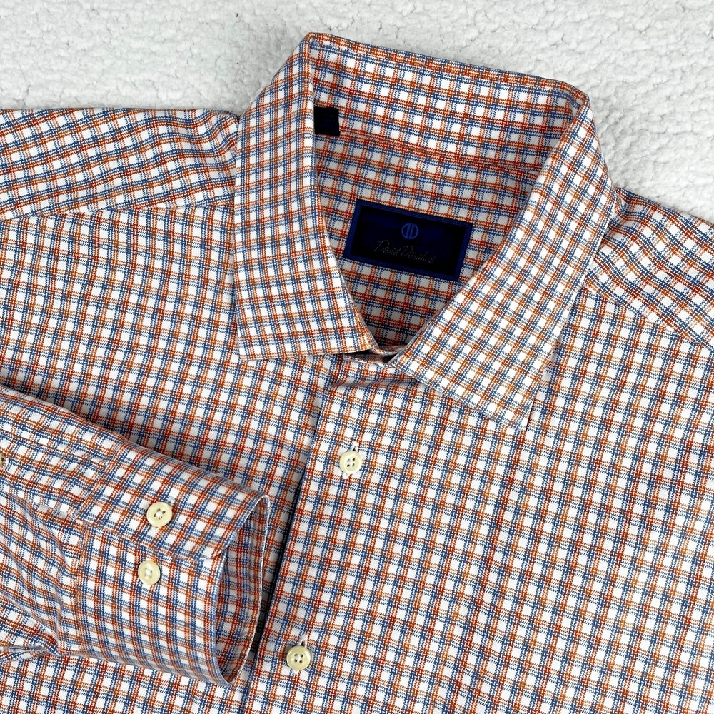 DAVID DONAHUE Button Up Dress Shirt Men 17.5 34/35 Orange Blue Check Long Sleeve